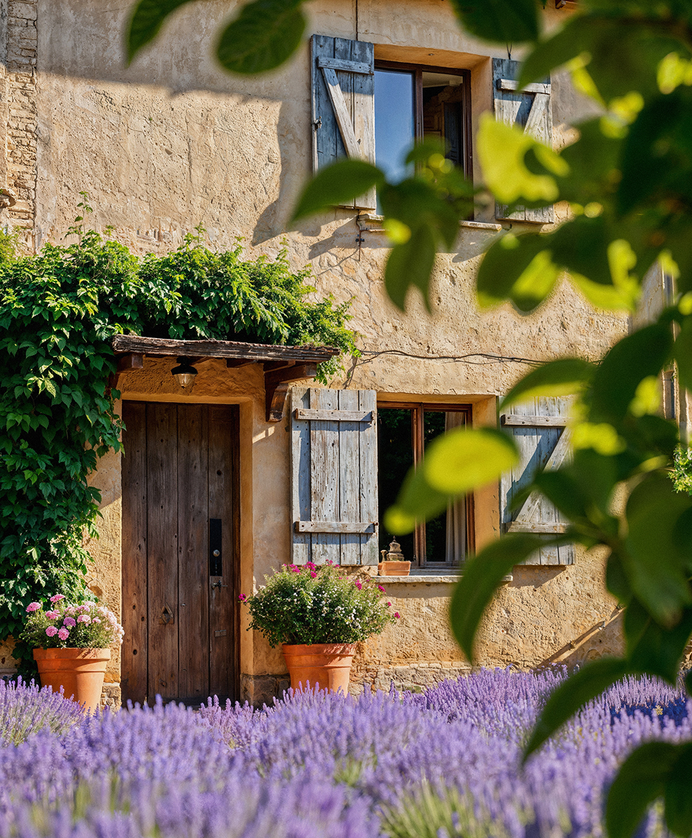 Fachada de pedra com lavanda